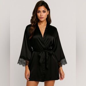 Ann Summers Black Satin Mini Robe Lace Small Whimsigoth Romantic Sexy Vamp Chic